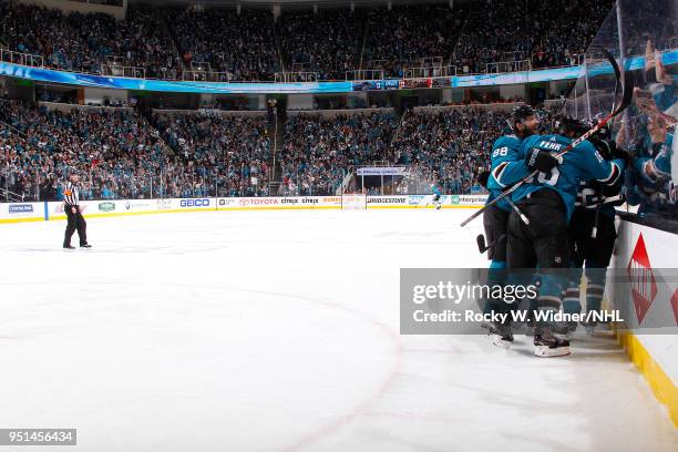 Marcus Sorensen of the San Jose Sharks celebrates with teammates after scoring a goal against the Anaheim Ducks in Game Four of the Western...