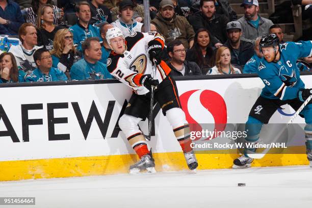 Josh Manson of the Anaheim Ducks passes the puck against the San Jose Sharks in Game Four of the Western Conference First Round during the 2018 NHL...