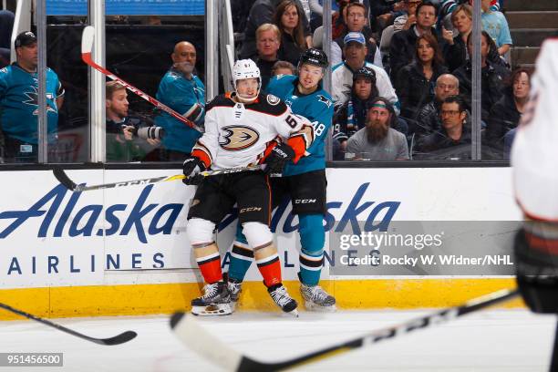 Rickard Rakell of the Anaheim Ducks skates against Tomas Hertl of the San Jose Sharks in Game Four of the Western Conference First Round during the...