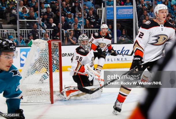 John Gibson of the Anaheim Ducks defends the net against the San Jose Sharks in Game Four of the Western Conference First Round during the 2018 NHL...
