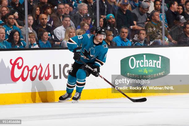Mikkel Boedker of the San Jose Sharks skates against the Anaheim Ducks in Game Four of the Western Conference First Round during the 2018 NHL Stanley...