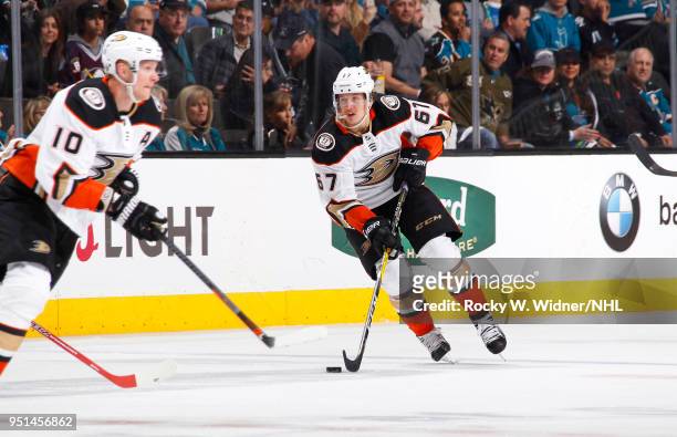 Rickard Rakell of the Anaheim Ducks skates with the puck against the San Jose Sharks in Game Four of the Western Conference First Round during the...