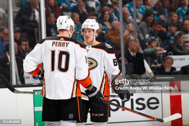 Corey Perry and Rickard Rakell of the Anaheim Ducks talk during the game against the San Jose Sharks in Game Four of the Western Conference First...