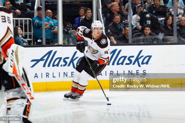 Hampus Lindholm of the Anaheim Ducks skates with the puck against the San Jose Sharks in Game Four of the Western Conference First Round during the...