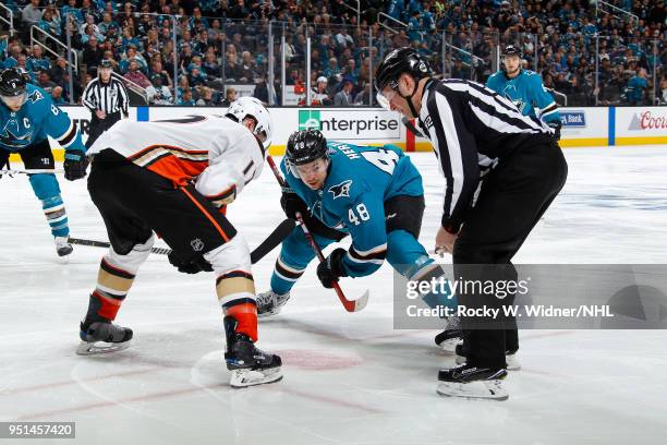 Tomas Hertl of the San Jose Sharks faces off against Ryan Kesler of the Anaheim Ducks in Game Four of the Western Conference First Round during the...