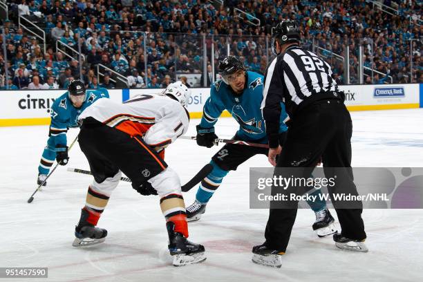 Evander Kane of the San Jose Sharks faces off against Ryan Kesler of the Anaheim Ducks in Game Four of the Western Conference First Round during the...