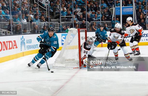 Timo Meier of the San Jose Sharks controls the puck against John Gibson of the Anaheim Ducks in Game Four of the Western Conference First Round...