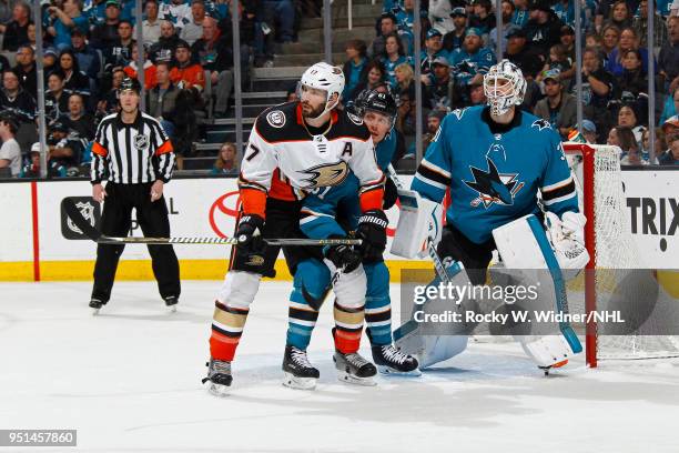 Justin Braun and Martin Jones of the San Jose Sharks defend the net against Ryan Kesler of the Anaheim Ducks in Game Four of the Western Conference...