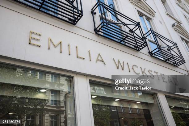 The Emilia Wickstead logo stands on the store front on April 26, 2018 in London, England. The designer for Meghan Markle's wedding dress has yet to...