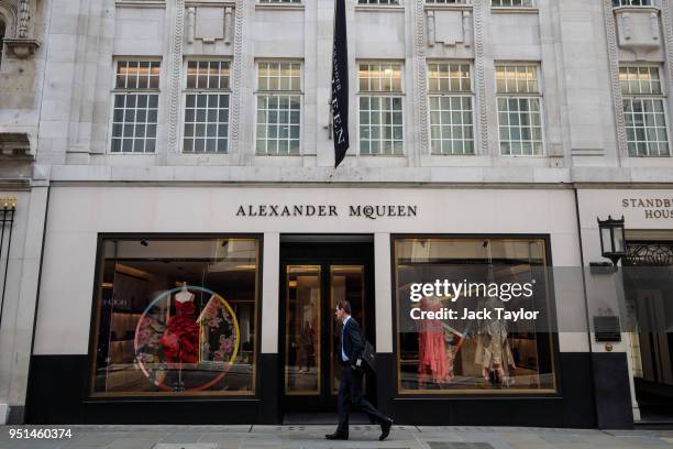 The Alexander McQueen store stands in Mayfair on April 26, 2018 in London, England. The designer for Meghan Markle's wedding dress has yet to be...
