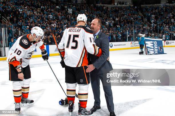 Ryan Tetzlaff of the Anaheim Ducks talks with Head coach Peter DeBoer after the game in Game Four of the Western Conference First Round during the...