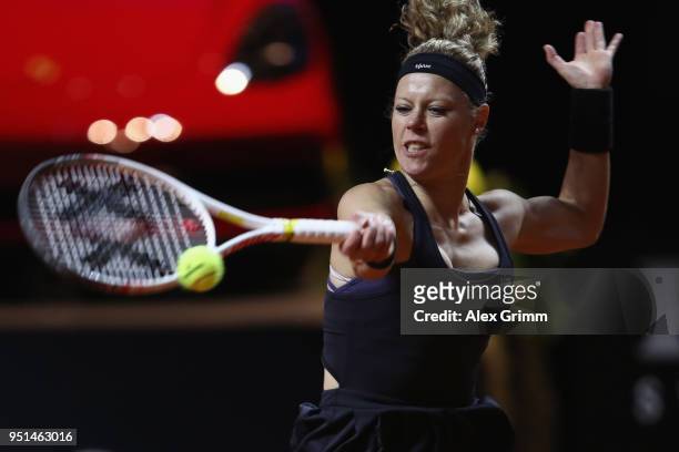 Laura Siegemund of Germany plays a forehand to CoCo Vanderweghe of the United States during day 4 of the Porsche Tennis Grand Prix at Porsche-Arena...