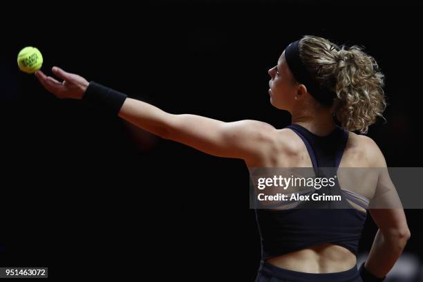 Laura Siegemund of Germany serves the ball to CoCo Vanderweghe of the United States during day 4 of the Porsche Tennis Grand Prix at Porsche-Arena on...