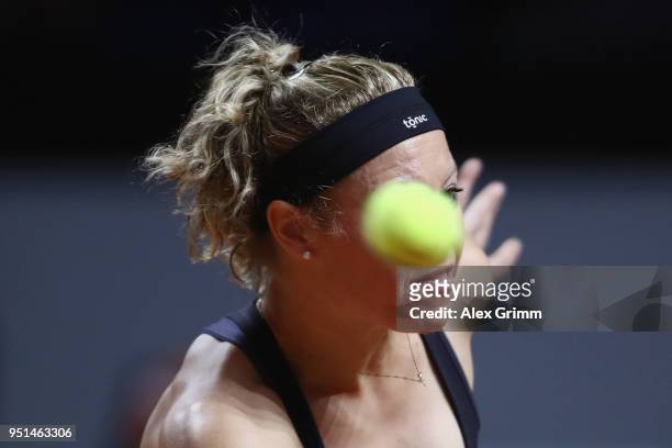 Laura Siegemund of Germany in action during her match against CoCo Vanderweghe of the United States during day 4 of the Porsche Tennis Grand Prix at...
