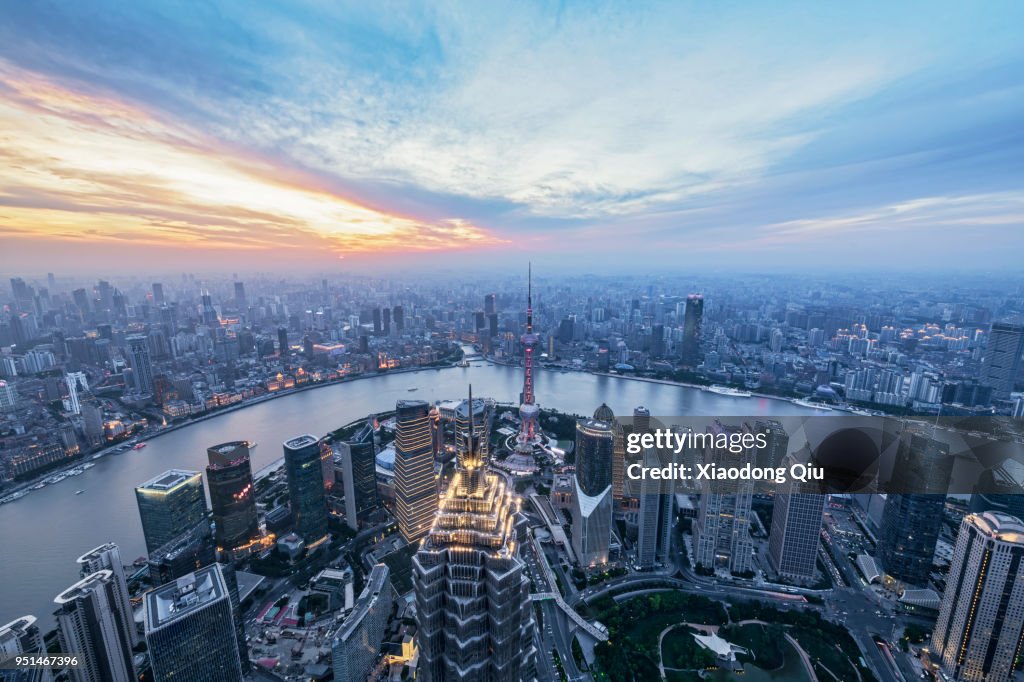 Elevated View Of Shanghai Lujiazui At Dusk