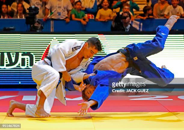 Israeli Tal Flicker competes against Slovenian Adrian Gomboc in the men's -66 kg quarter final during the European Judo Championship in the Israeli...