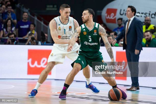 Real Madrid Fabien Causeur and Panathinaikos Mike James during Turkish Airlines Euroleague Quarter Finals 3rd match between Real Madrid and...