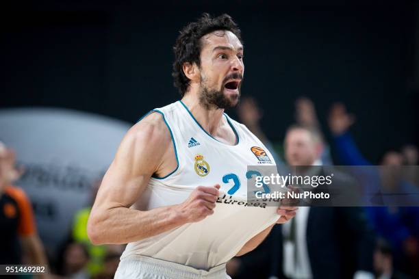 Real Madrid Sergio Llull celebrating a point during Turkish Airlines Euroleague Quarter Finals 3rd match between Real Madrid and Panathinaikos at...