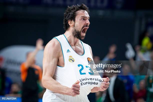 Real Madrid Sergio Llull celebrating a point during Turkish Airlines Euroleague Quarter Finals 3rd match between Real Madrid and Panathinaikos at...