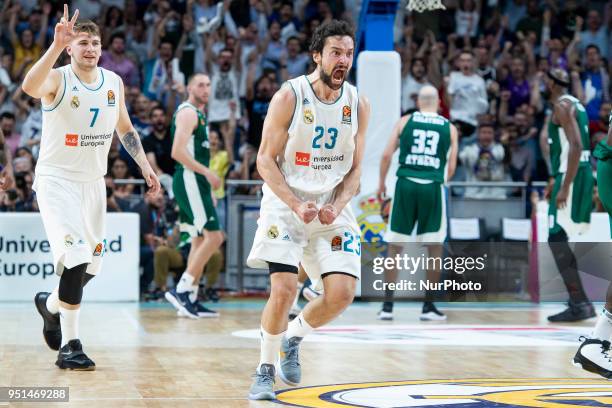 Real Madrid Luka Doncic and Sergio Llull celebrating a point during Turkish Airlines Euroleague Quarter Finals 3rd match between Real Madrid and...