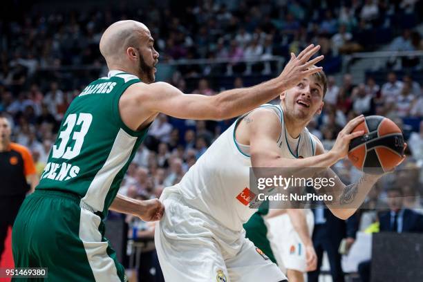 Real Madrid Luka Doncic and Panathinaikos Nick Calathes during Turkish Airlines Euroleague Quarter Finals 3rd match between Real Madrid and...