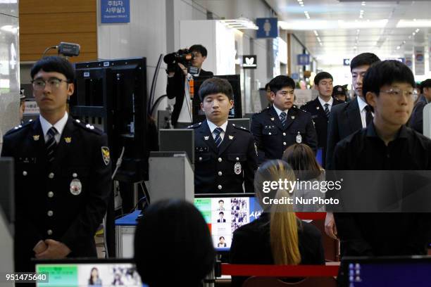 View of security check point of Inter-Korean Summit Main Press Center at Kintex in Ilsan, Goyang, South Korea on April 25, 2018.. Inter-Korean Summit...