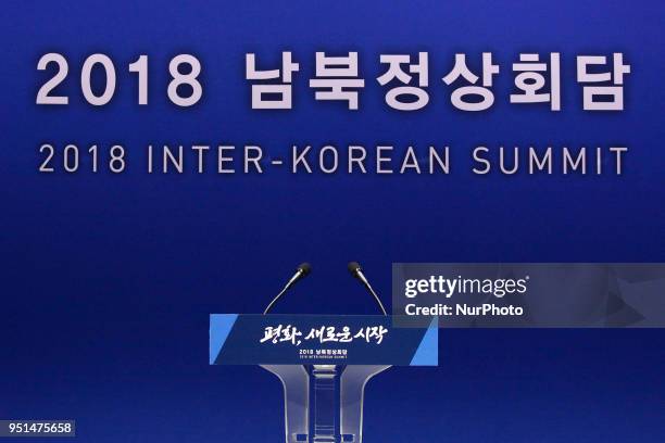 Main Press center briefing table prepared at Inter-Korean Summit Main Press Center at Kintex in Ilsan, Goyang, South Korea on April 25, 2018.....