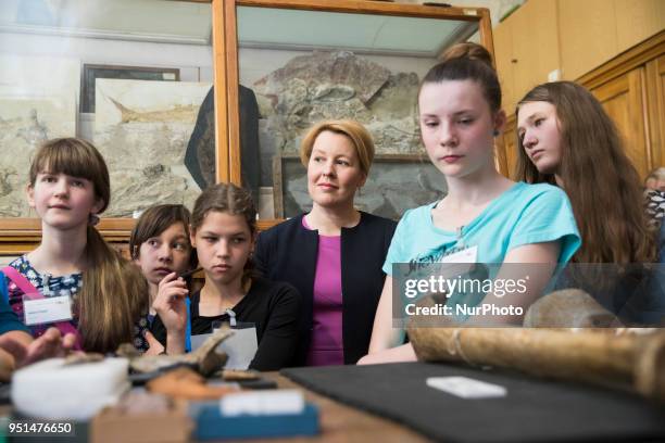 German Family Minister Franziska Giffey is pictured within girls during her visit to the Museum for Natural History for the annual Girls' Day in...
