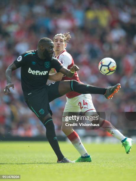 Arthur Masuaku of West Ham United and Hector Bellerin of Arsenal during the Premier League match between Arsenal and West Ham United at Emirates...