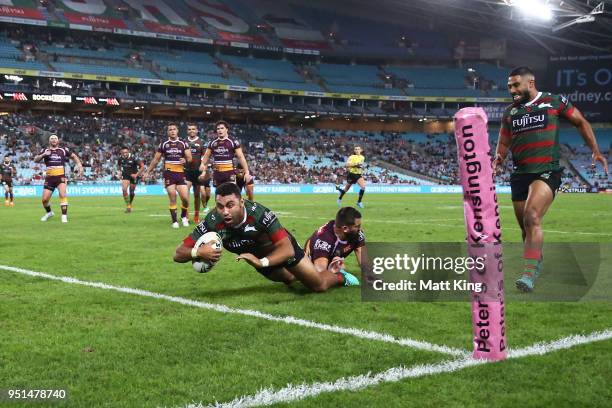 Alex Johnston of the Rabbitohs scores a try during the NRL round eight match between the South Sydney Rabbitohs and the Brisbane Broncos at ANZ...