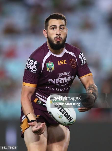 Jack Bird of the Broncos passes during the NRL round eight match between the South Sydney Rabbitohs and the Brisbane Broncos at ANZ Stadium on April...