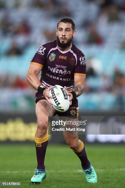 Jack Bird of the Broncos runs with the ball during the NRL round eight match between the South Sydney Rabbitohs and the Brisbane Broncos at ANZ...
