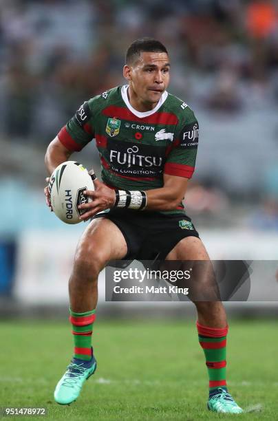 Cody Walker of the Rabbitohs runs with the ball during the NRL round eight match between the South Sydney Rabbitohs and the Brisbane Broncos at ANZ...