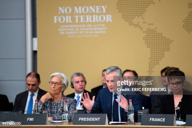 International Monetary Fund director Christine Lagarde listens as French Economy Minister Bruno Le Maire speaks during the "No money for terror"...