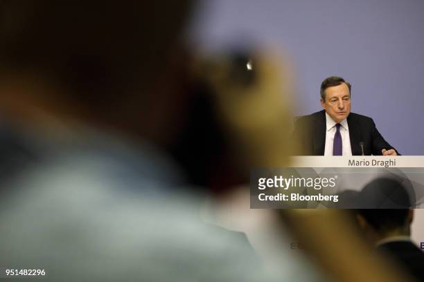 Mario Draghi, president of the European Central Bank , speaks during a news conference following the bank's interest rate decision at the ECB...