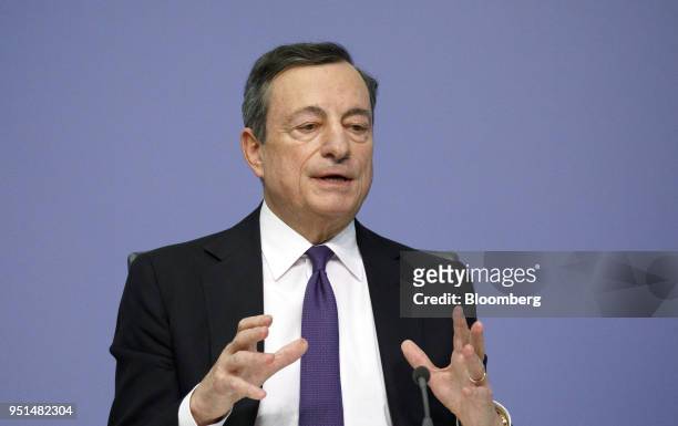Mario Draghi, president of the European Central Bank , gestures while speaking during a news conference following the bank's interest rate decision...