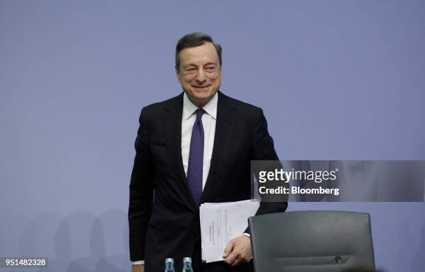 Mario Draghi, president of the European Central Bank , departs a news conference following the bank's interest rate decision at the ECB headquarters...