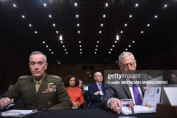Defense Secretary James Mattis and Joint Chiefs of Staff Chairman Gen. Joseph F. Dunford Jr. Arrive to testify on the DOD posture and fiscal year...