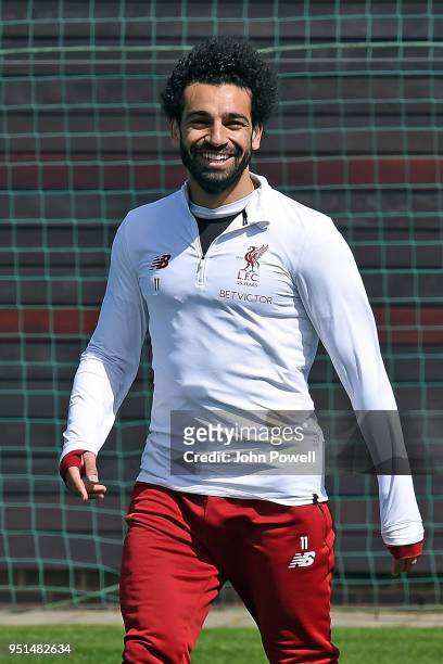 Mohamed Salah of Liverpool during a training session at Melwood on April 26, 2018 in Liverpool, England.