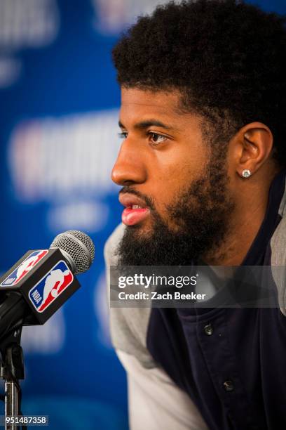 Paul George of the Oklahoma City Thunder talks to the media during a press conference after Game Five against the Utah Jazz during Round One of the...