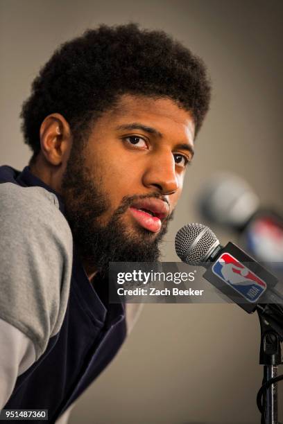 Paul George of the Oklahoma City Thunder talks to the media during a press conference after Game Five against the Utah Jazz during Round One of the...