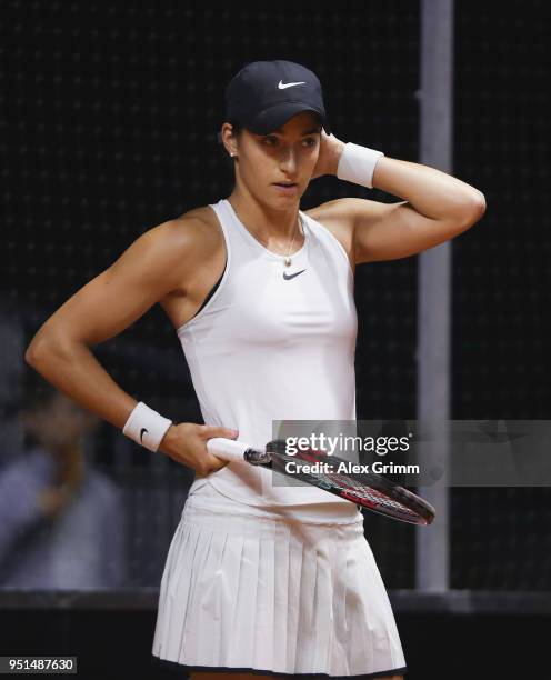 Caroline Garcia of France reacts during her match against Marta Kostyuk of Ukraine during day 4 of the Porsche Tennis Grand Prix at Porsche-Arena on...