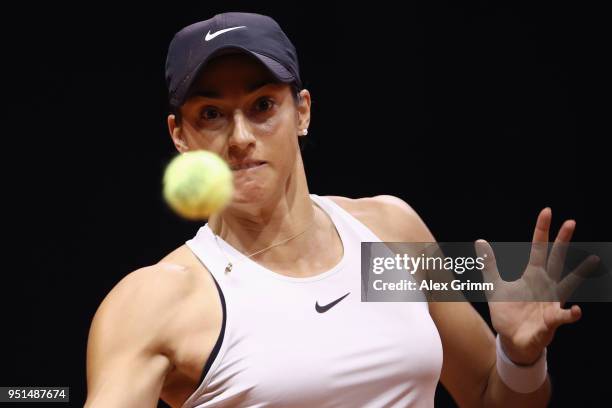 Caroline Garcia of France plays a forehand to Marta Kostyuk of Ukraine during day 4 of the Porsche Tennis Grand Prix at Porsche-Arena on April 26,...