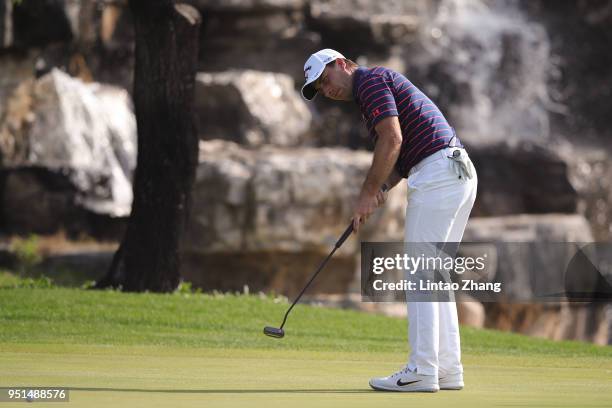 Nino Bertasio of Italy plays a shot during the first round of the 2018 Volvo China Open at Topwin Golf and Country Club on April 26, 2018 in Beijing,...