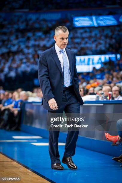 Billy Donovan of the Oklahoma City Thunder walks to the bench in Game Five against the Utah Jazz during Round One of the 2018 NBA Playoffs on April...