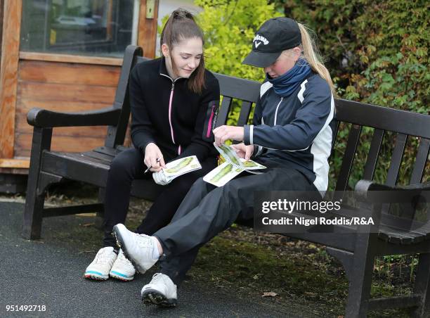 Mia Eales-Smith and Rachel Seal during practice for the Girls' U16 Open Championship at Fulford Golf Club on April 26, 2018 in York, England.