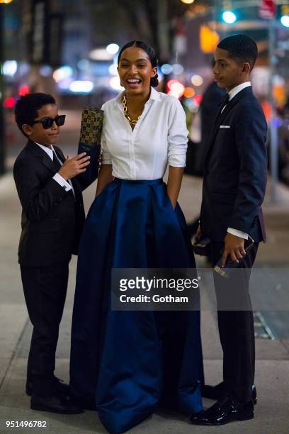Ehsan Shahidi, Yara Shahidi and Sayeed Shahidi are seen wearing Brooks Brothers in Midtown on April 25, 2018 in New York City.