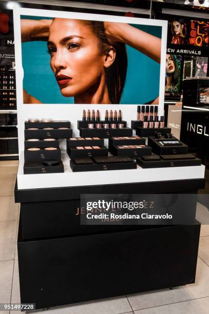 JLOXInglot by Jennifer Lopez beauty products are displayed at the JLOXInglot presentation on April 26, 2018 in Milan, Italy.