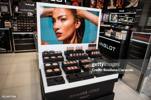 JLOXInglot by Jennifer Lopez beauty products are displayed at the JLOXInglot presentation on April 26, 2018 in Milan, Italy.