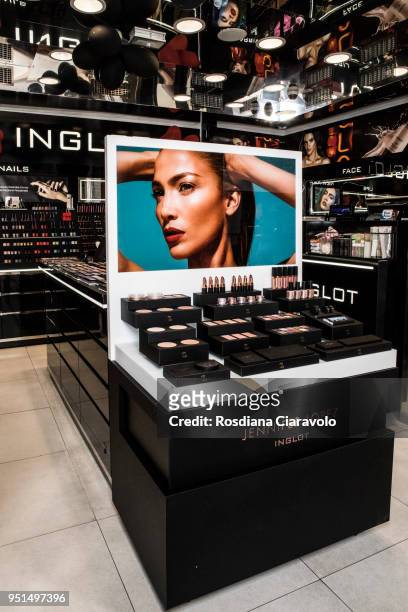 JLOXInglot by Jennifer Lopez beauty products are displayed at the JLOXInglot presentation on April 26, 2018 in Milan, Italy.